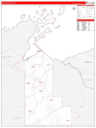 Ashland County, WI RedLine style ZIP Code wall map