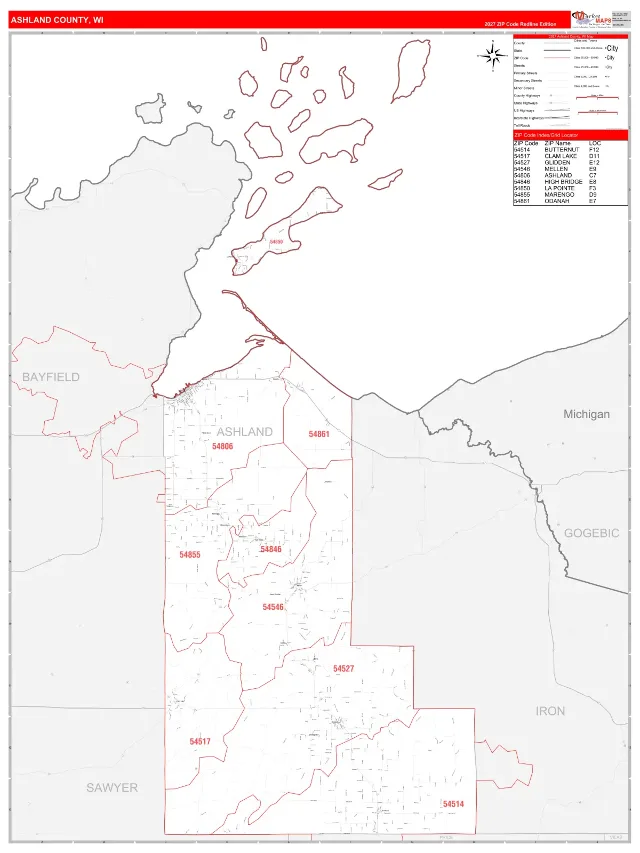 Ashland County, WI ZIP Code Wall Map, RedLine style