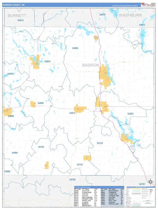 Barron County, WI ZIP Code Wall Map, Business Reference style