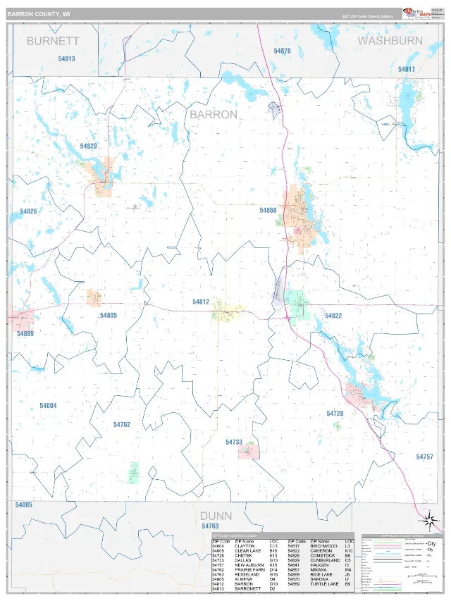 Barron County, WI ZIP Code Wall Map, Classic style