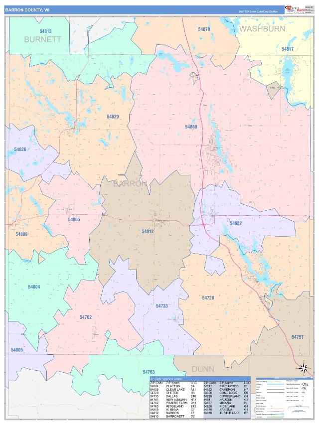 Barron County, WI ZIP Code Wall Map, ColorCast style