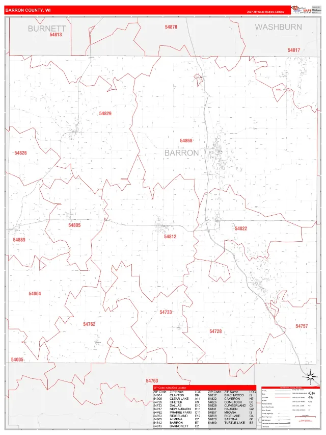 Barron County, WI ZIP Code Wall Map, RedLine style