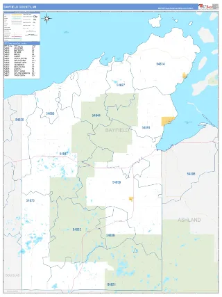 Bayfield County, WI Business Reference style ZIP Code wall map