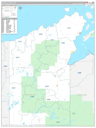 Bayfield County, WI Classic style ZIP Code wall map