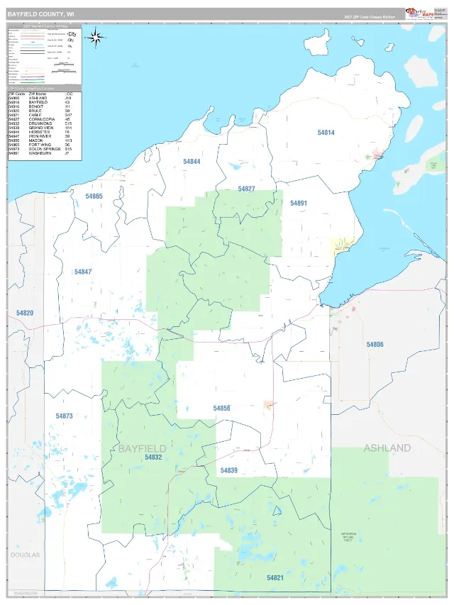 Bayfield County, WI ZIP Code Wall Map, Classic style