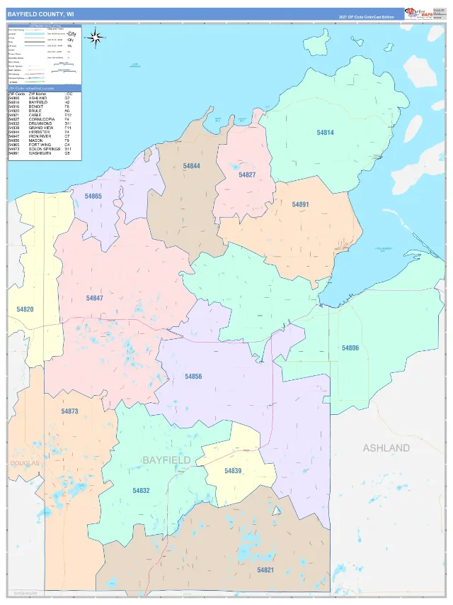 Bayfield County, WI ZIP Code Wall Map, ColorCast style