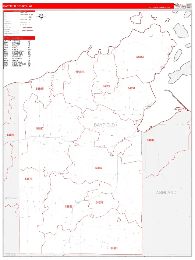 Bayfield County, WI ZIP Code Wall Map, RedLine style