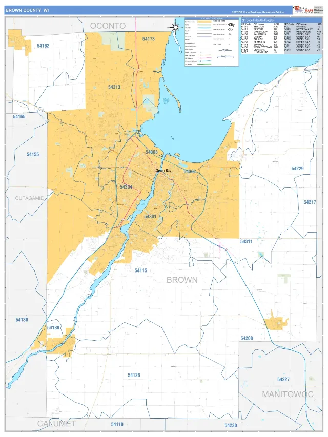 Brown County, WI ZIP Code Wall Map, Business Reference style