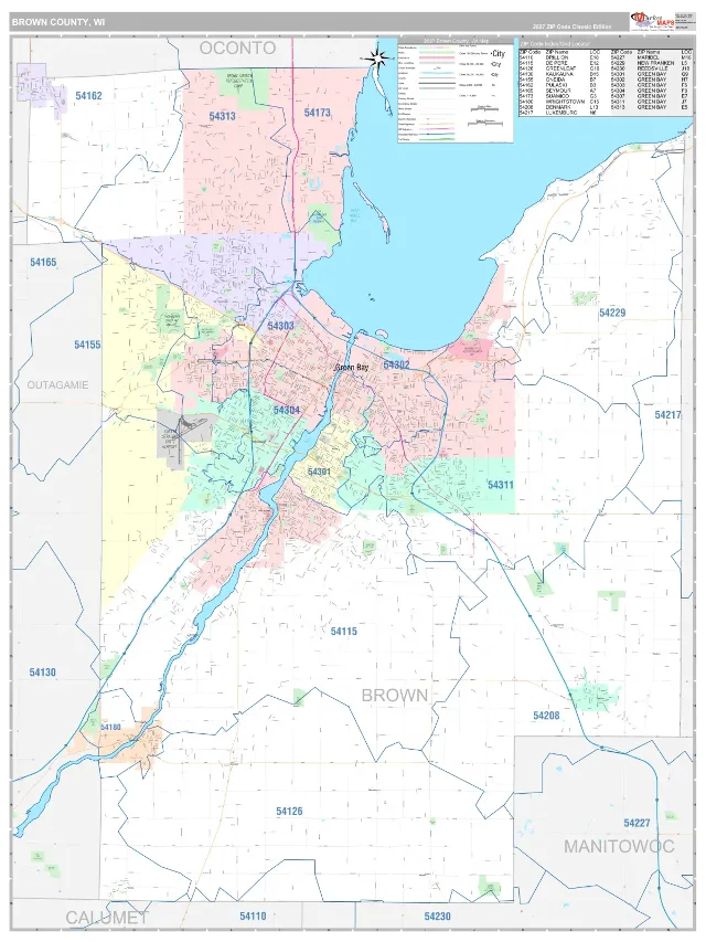 Brown County, WI ZIP Code Wall Map, Classic style