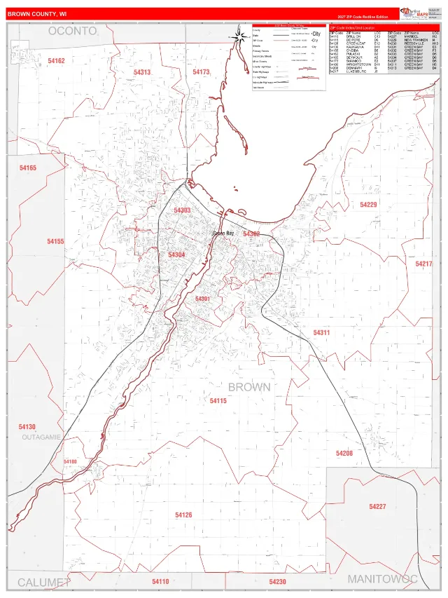 Brown County, WI ZIP Code Wall Map, RedLine style