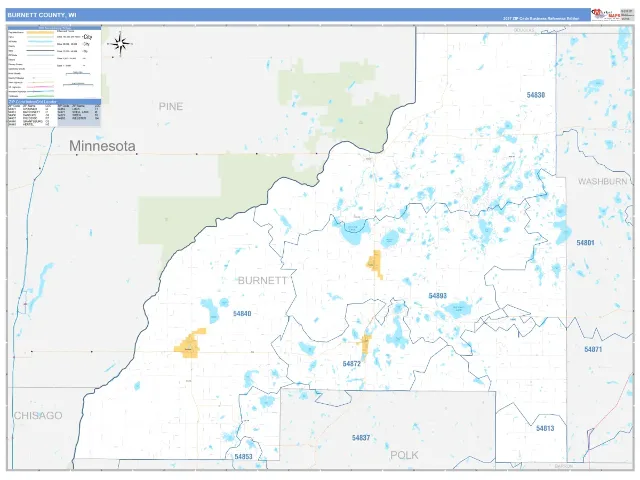 Burnett County, WI ZIP Code Wall Map, Business Reference style