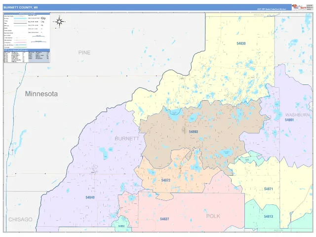 Burnett County, WI ZIP Code Wall Map, ColorCast style