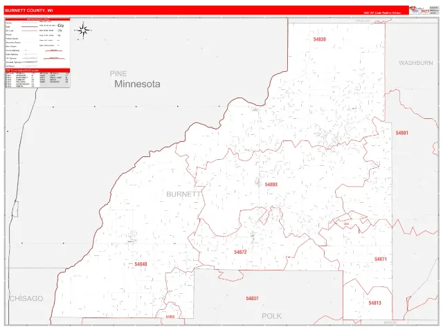 Burnett County, WI ZIP Code Wall Map, RedLine style