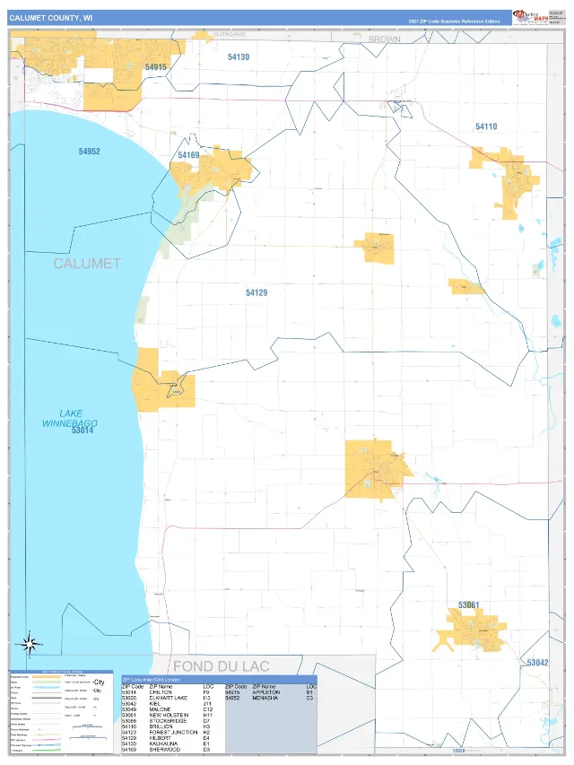 Calumet County, WI ZIP Code Wall Map, Business Reference style
