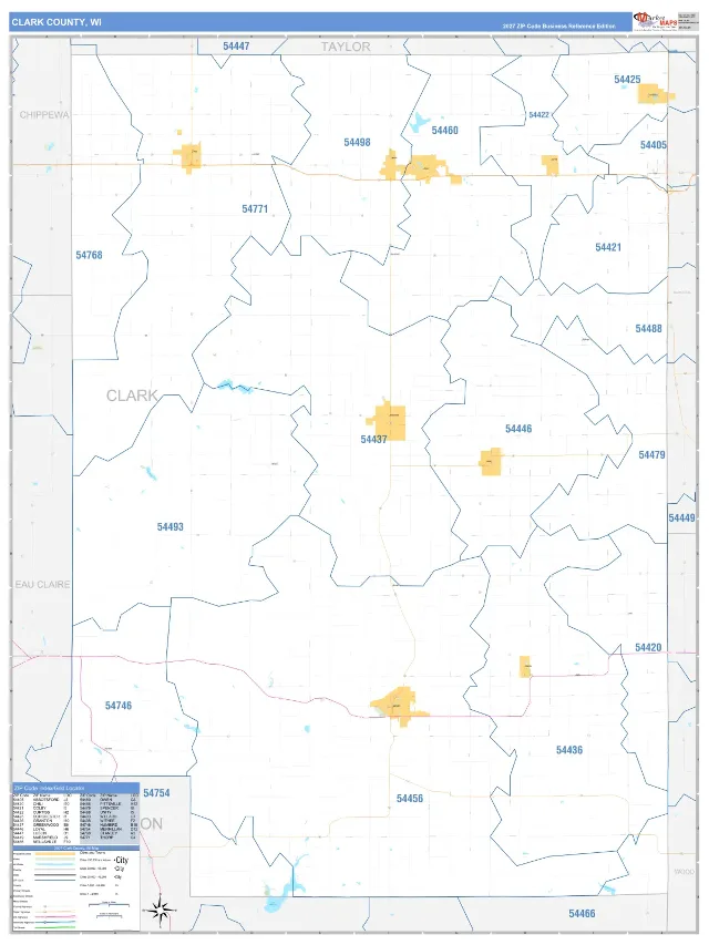 Clark County, WI ZIP Code Wall Map, Business Reference style