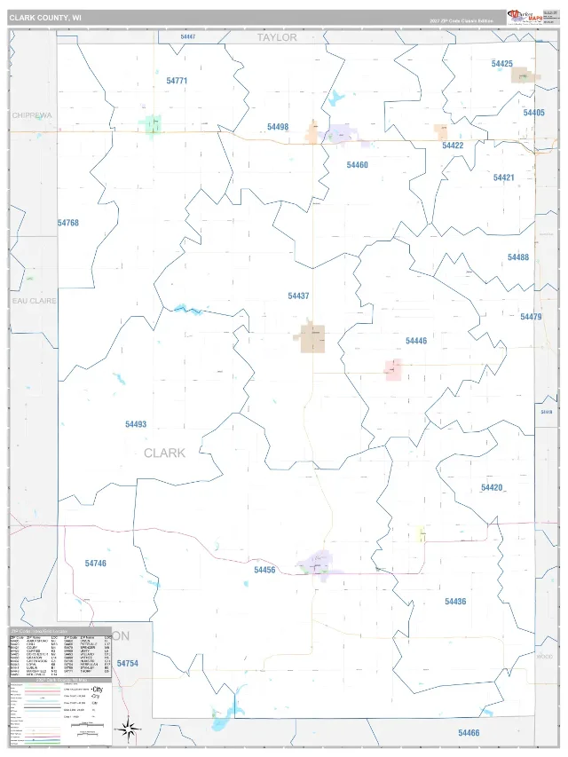 Clark County, WI ZIP Code Wall Map, Classic style