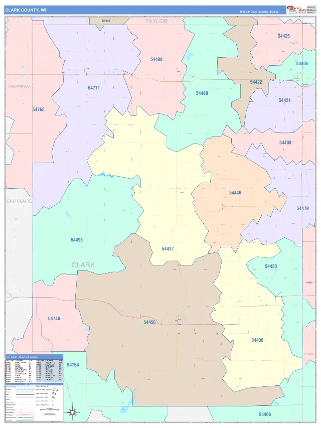Clark County, WI ZIP Code Wall Map, ColorCast style