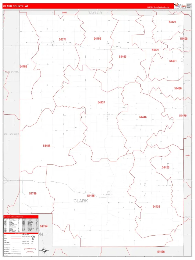 Clark County, WI ZIP Code Wall Map, RedLine style