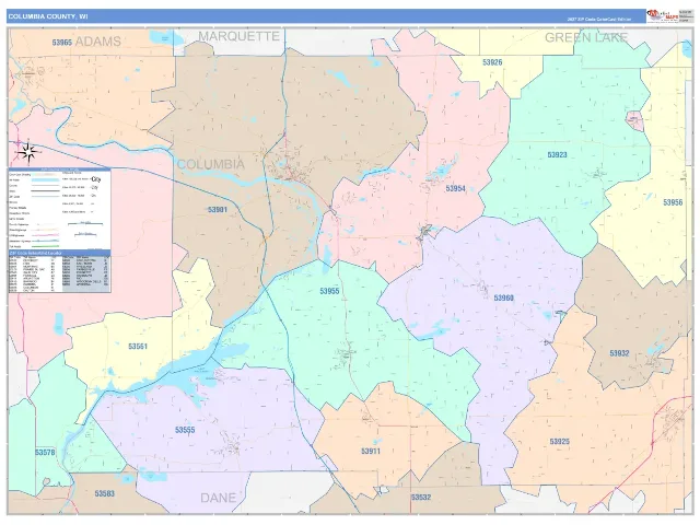 Columbia County, WI ZIP Code Wall Map, ColorCast style