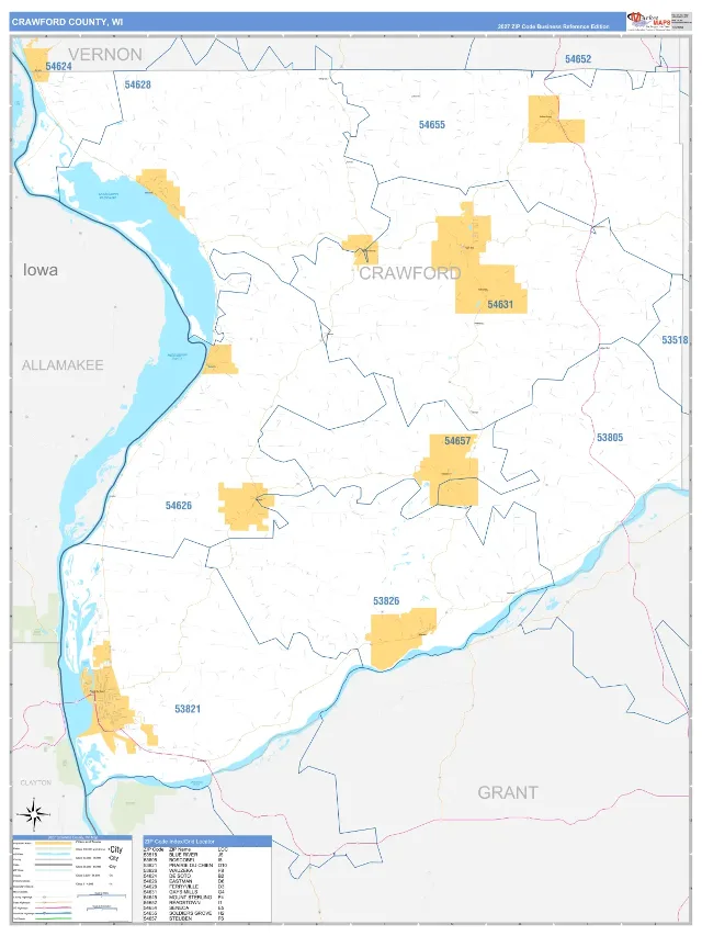 Crawford County, WI ZIP Code Wall Map, Business Reference style