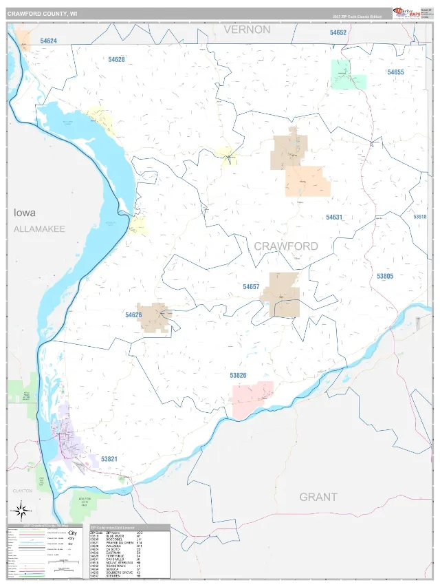 Crawford County, WI ZIP Code Wall Map, Classic style