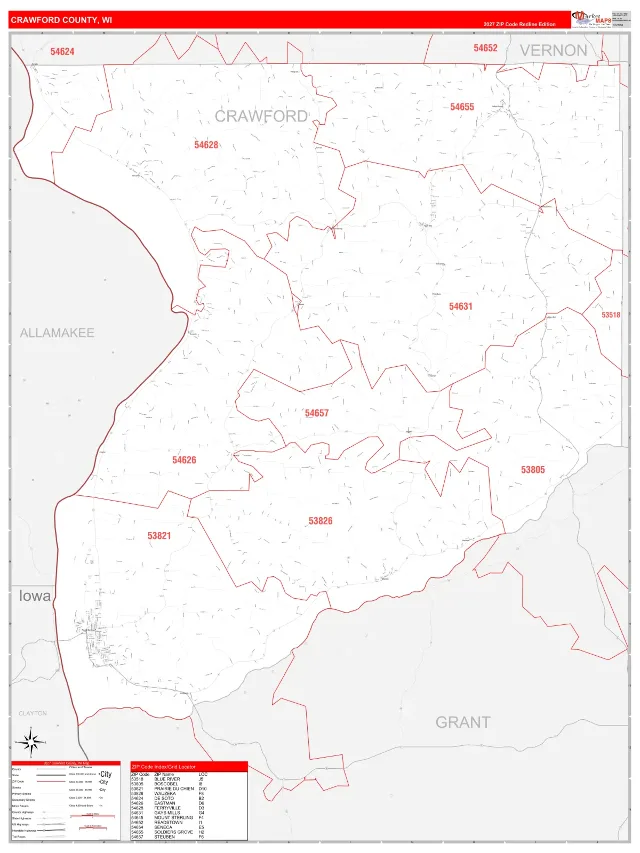Crawford County, WI ZIP Code Wall Map, RedLine style