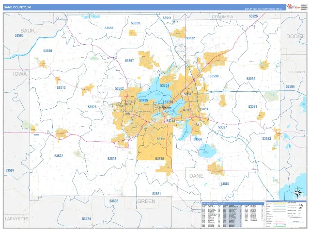 Dane County, WI ZIP Code Wall Map, Business Reference style