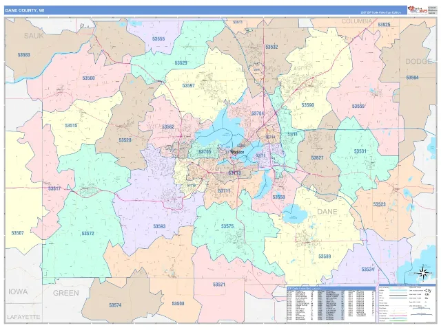 Dane County, WI ZIP Code Wall Map, ColorCast style