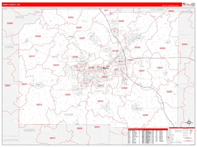 Dane County, WI ZIP Code Wall Map, RedLine style