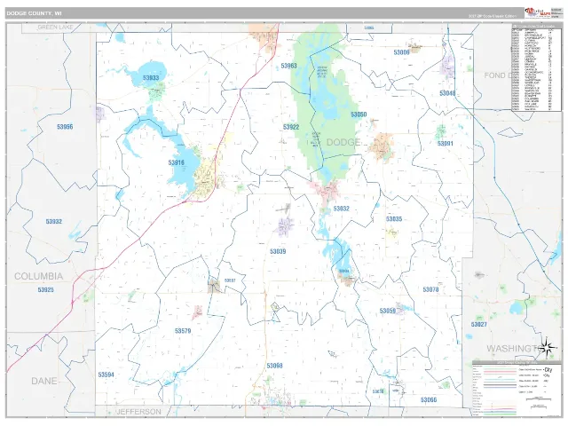 Dodge County, WI ZIP Code Wall Map, Classic style