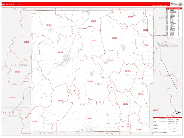 Dodge County, WI ZIP Code Wall Map, RedLine style