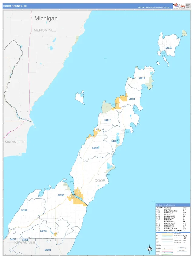 Door County, WI ZIP Code Wall Map, Business Reference style