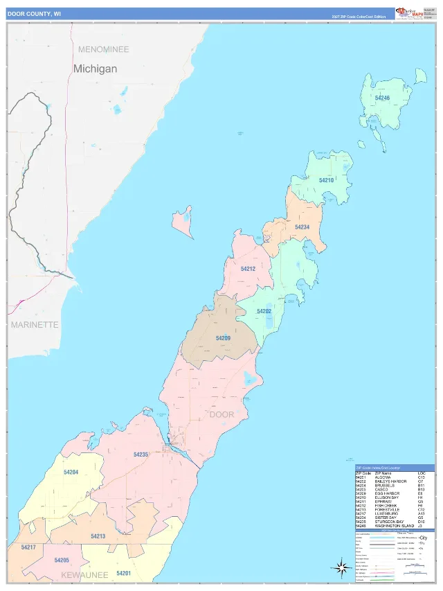 Door County, WI ZIP Code Wall Map, ColorCast style
