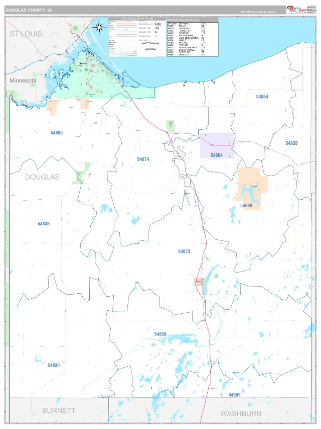 Douglas County, WI ZIP Code Wall Map, Classic style