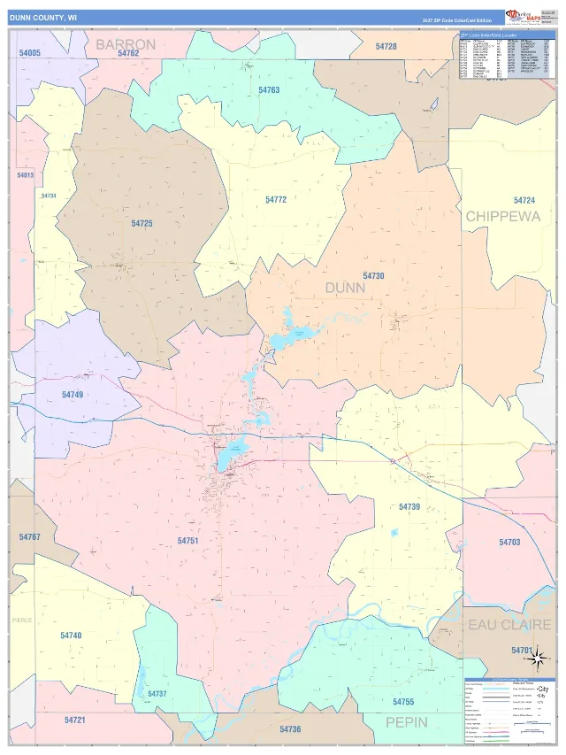 Dunn County, WI ZIP Code Wall Map, ColorCast style