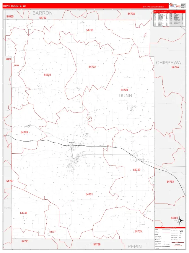 Dunn County, WI ZIP Code Wall Map, RedLine style