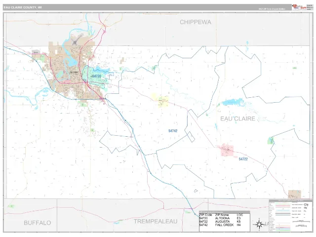Eau Claire County, WI ZIP Code Wall Map, Classic style