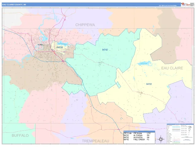 Eau Claire County, WI ZIP Code Wall Map, ColorCast style