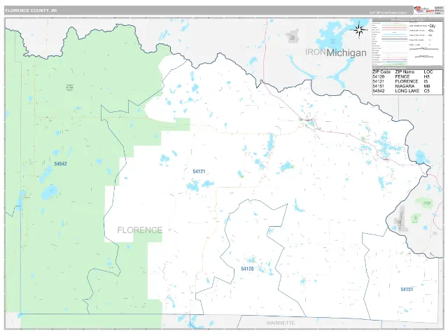 Florence County, WI ZIP Code Wall Map, Classic style