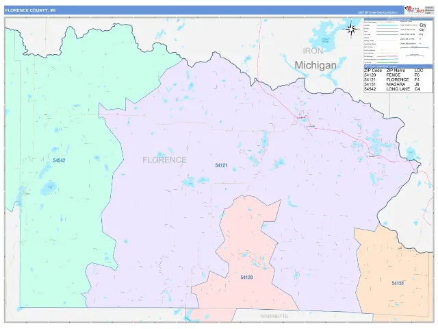 Florence County, WI ZIP Code Wall Map, ColorCast style