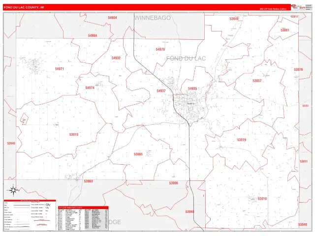 Fond du Lac County, WI ZIP Code Wall Map, RedLine style