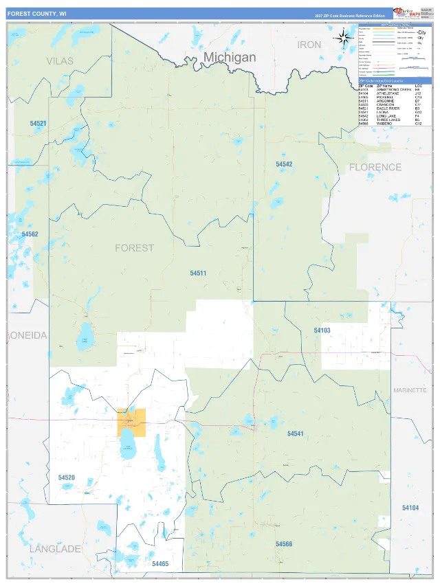 Forest County, WI ZIP Code Wall Map, Business Reference style