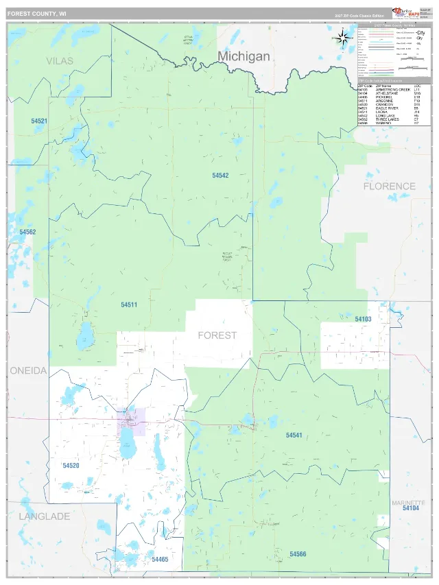 Forest County, WI ZIP Code Wall Map, Classic style