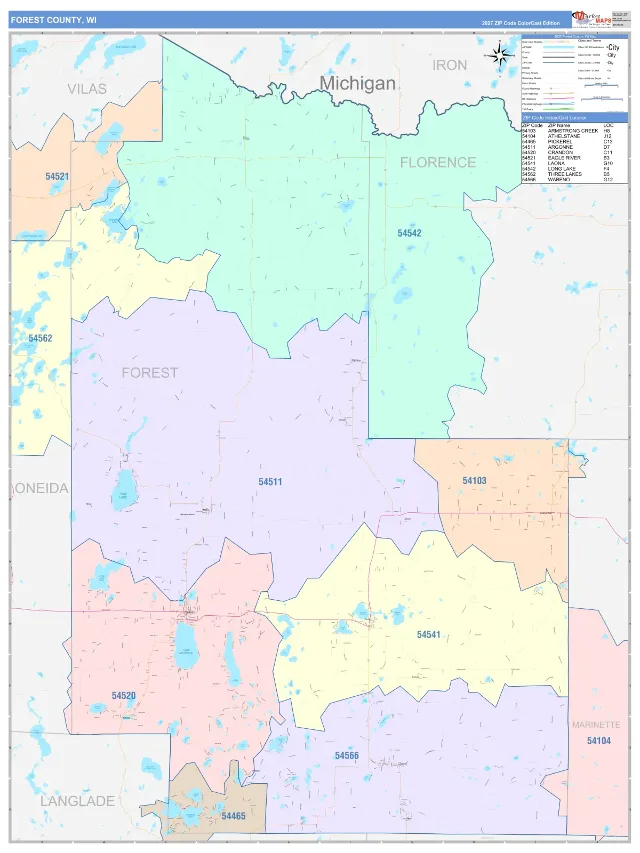 Forest County, WI ZIP Code Wall Map, ColorCast style