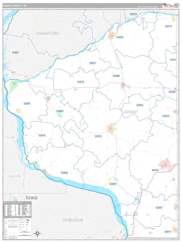 Grant County, WI ZIP Code Wall Map, Classic style