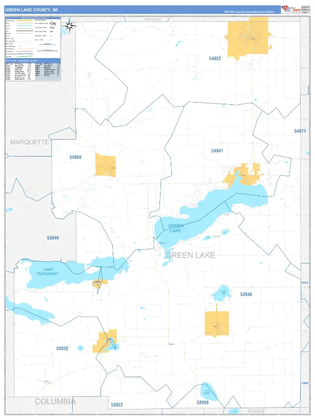 Green Lake County, WI ZIP Code Wall Map, Business Reference style