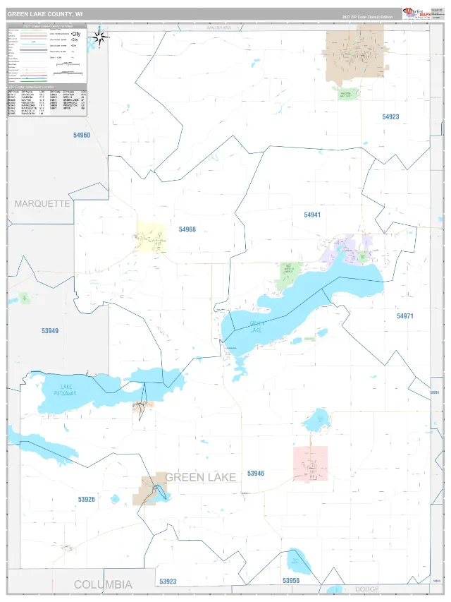 Green Lake County, WI ZIP Code Wall Map, Classic style