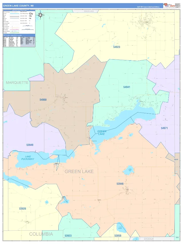 Green Lake County, WI ZIP Code Wall Map, ColorCast style