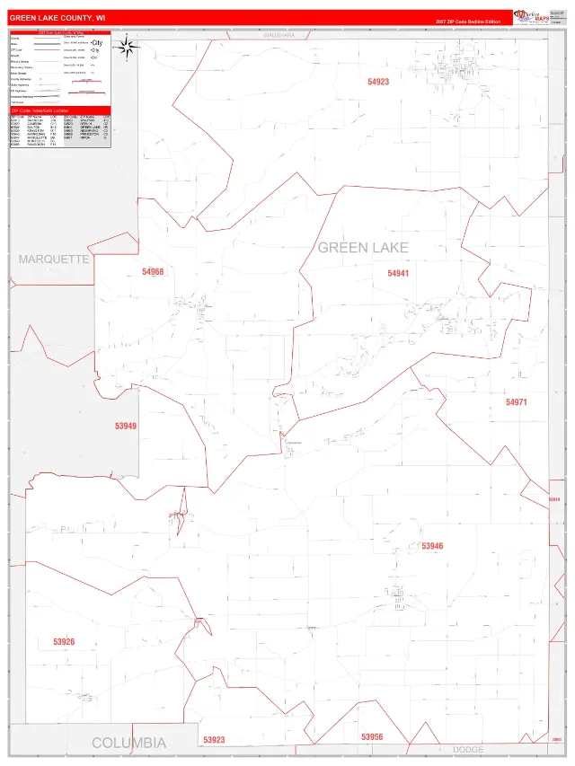 Green Lake County, WI ZIP Code Wall Map, RedLine style