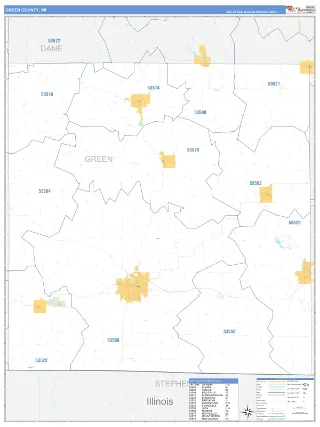 Green County, WI Business Reference style ZIP Code wall map